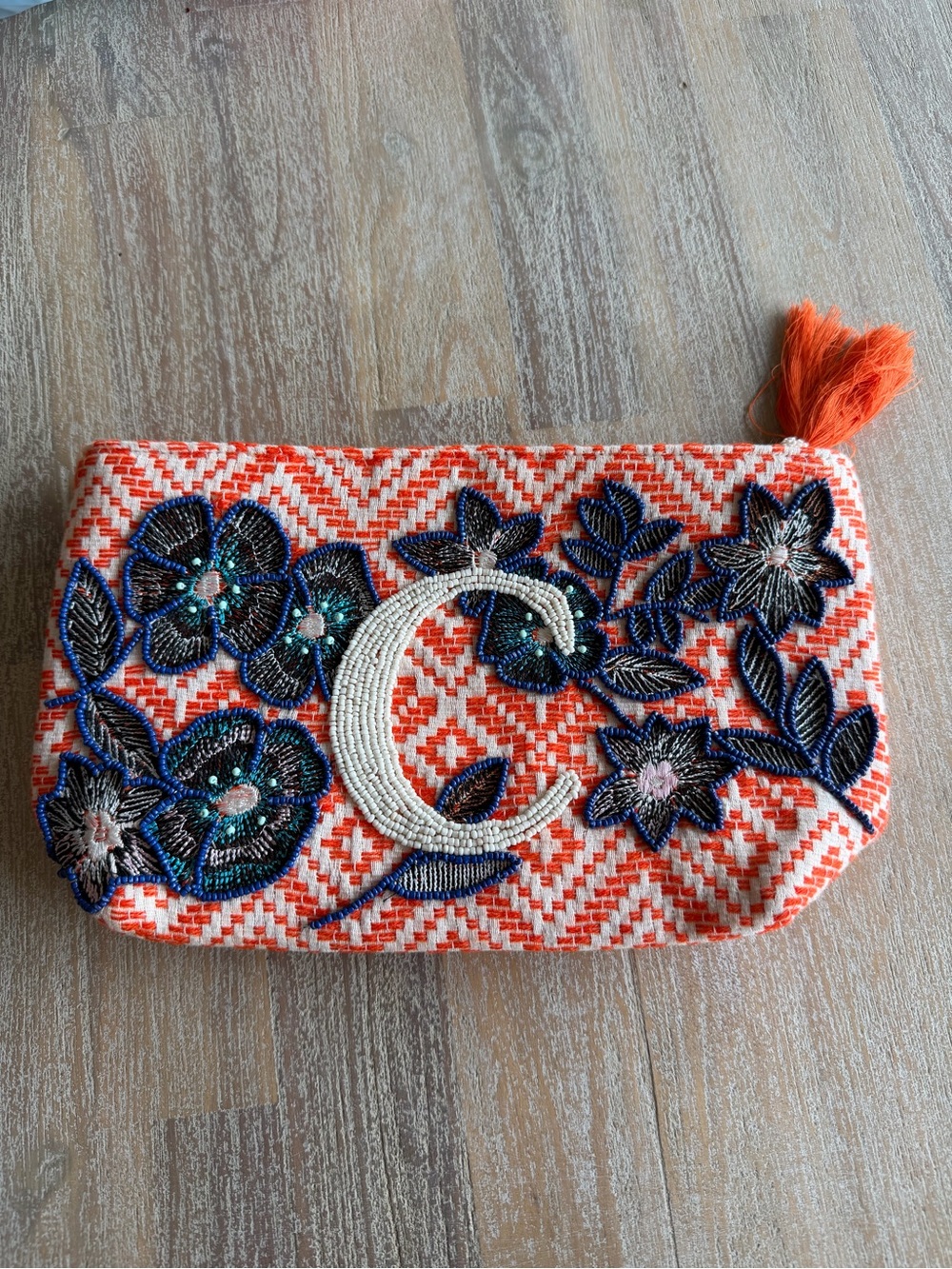 Embroidered Initial “C” Orange Beaded Crescent Floral Cosmetic Bag